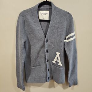 Abercrombie & Fitch NY Cardigan Sweater Mens Med Gray Blend Knit Logo